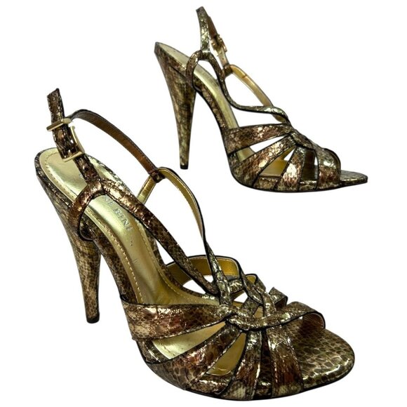 Gianni Binini Gold Metallic Snake Print Strappy  5" High Heel Shoes - Size 8.5 M - Picture 1 of 8